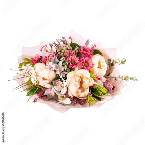 Bouquet of orchids and beige pion with greens