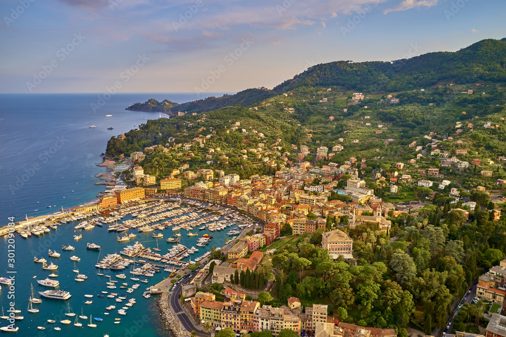 Panoramic aerial view of the resort town of Santa Margherita Ligure, Italy. Coastline, boats on the water