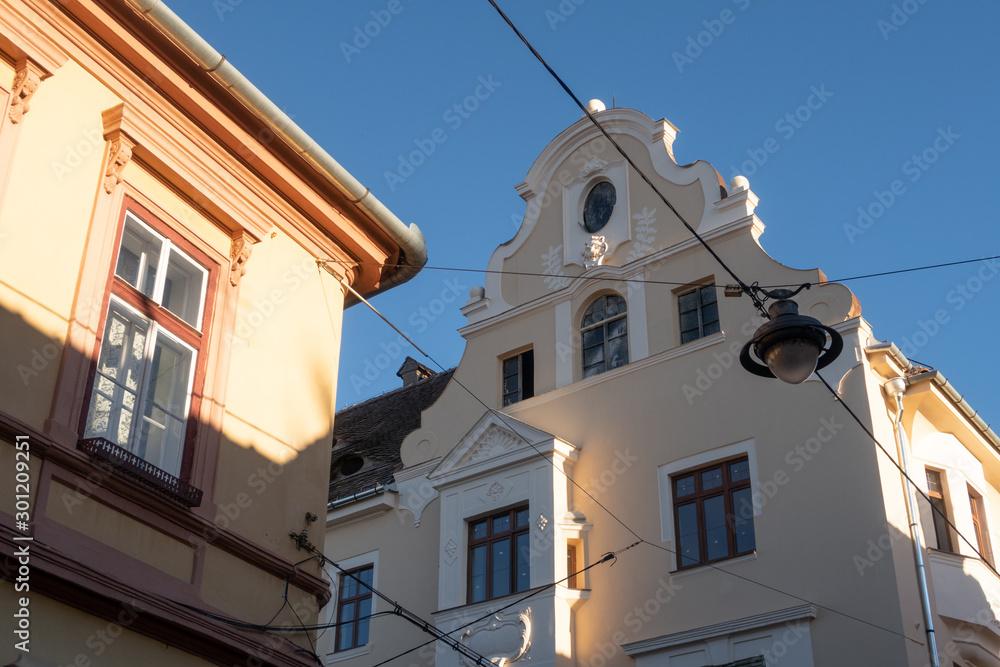 Sibiu, Romania - 5 Nov, 2019: Old buildings in Sibiu, Romania.