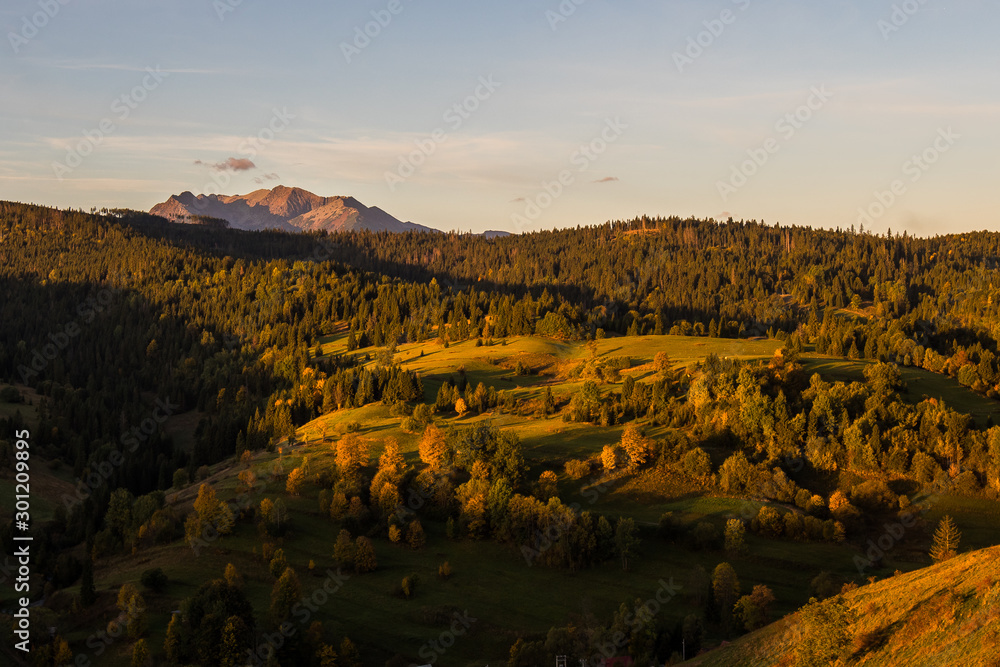 Sunrise by nature of Belian Tatra Mountains, morning view from Osturna village