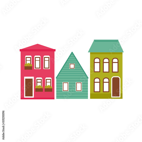 Cute houses illustration set. Life in small town or suburb. Pink, mint and green buildings isolated on white background. Cartoon flat style. 