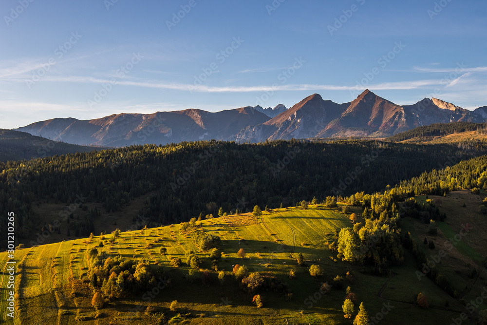 Sunrise by nature of Belian Tatra Mountains, morning view from Osturna village