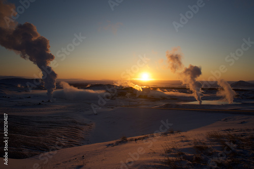 Iceland Myvatn Lake panorama evening Sunrise or Sunset with volcano geyser