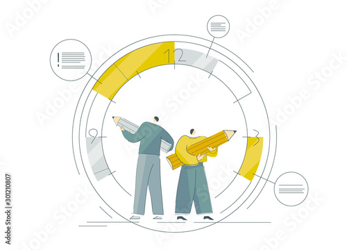 Men manage urgent tasks, important events in graphics. Busy workers make schedule. Businessmen organize process of working. People are planning day. Simple vector illustration EPS 10 isolated on white