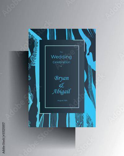 Wedding invitation design. A turquoise texture frame on a blue background is manually drawn. Vector 10 EPS.