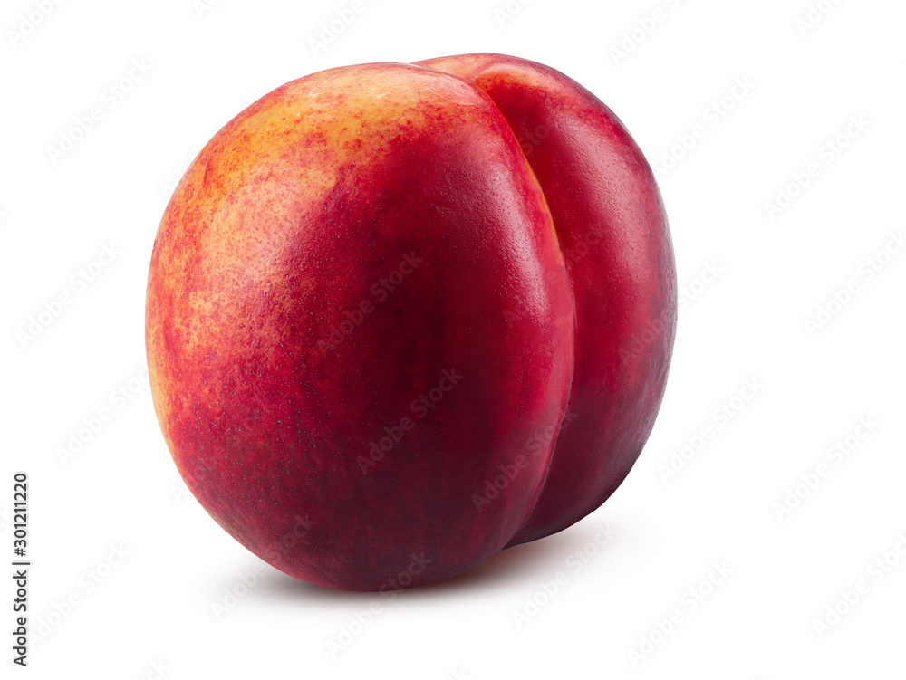 Smooth-skinned nectarine fruit isolated on white background with copy space for text or images. Close-up shot. Smooth-skinned nectarine fruit isolated on white background with copy space for text or images. Close-up shot.