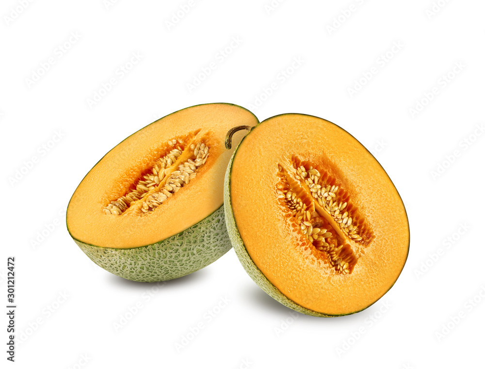 Two halves of cantaloupe melon in a cross-section, isolated on white background with copy space for text or images. Side view. Close-up shot. Two halves of cantaloupe melon in a cross-section, isolated on white background with copy space for text or images. Side view. Close-up shot.