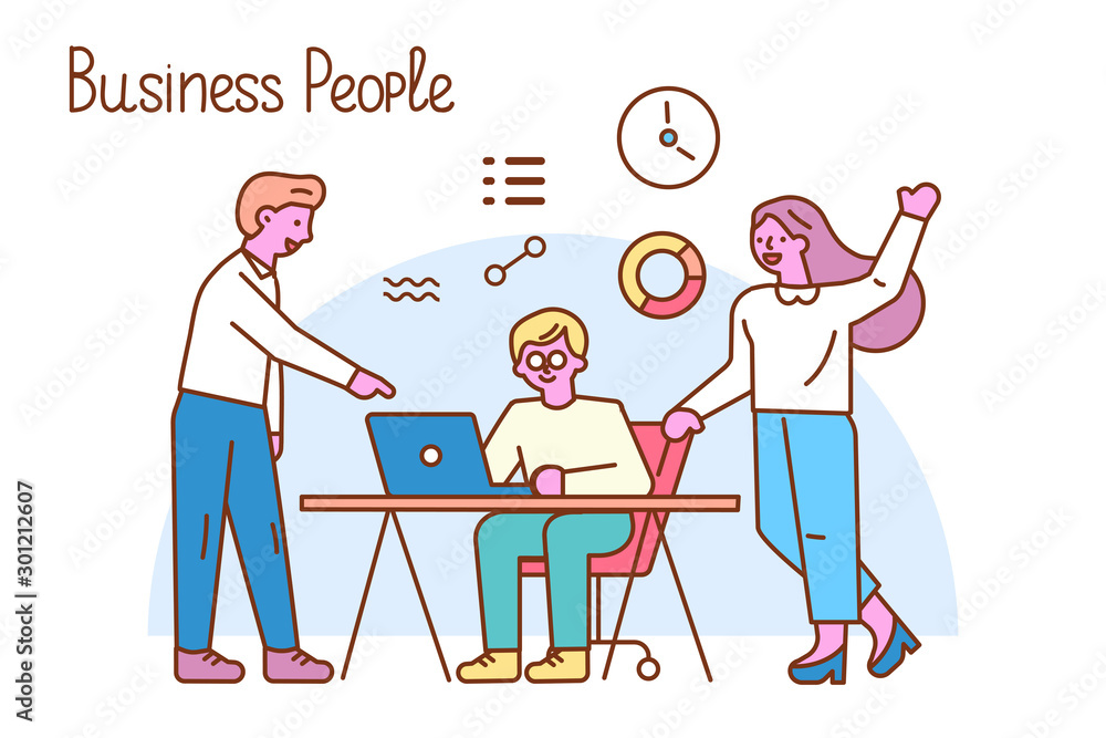 Fototapeta premium People working together line illustration.Workplace, programmer, boss.
