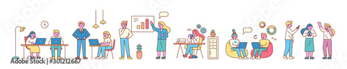Business people, teamwork line art vector horizontal banner. People working together in the office. Flat vector illustration.