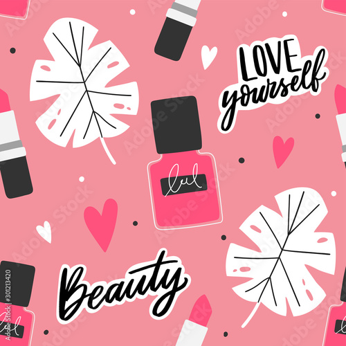 Cosmetics seamless pattern with tropical leaves for print, textile, fabric. Female background with pomade and nail polish. Love yourself lettering background.