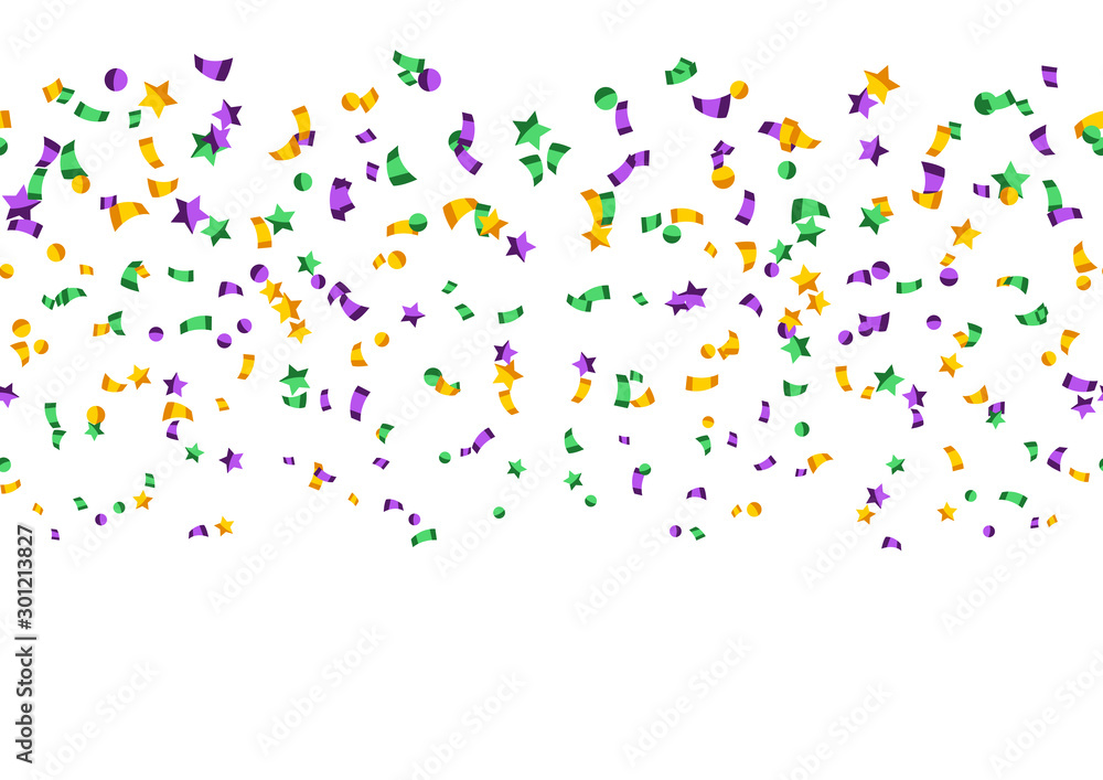 Seamless pattern with confetti in Mardi Gras colors.