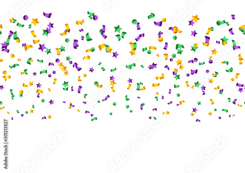 Seamless pattern with confetti in Mardi Gras colors.