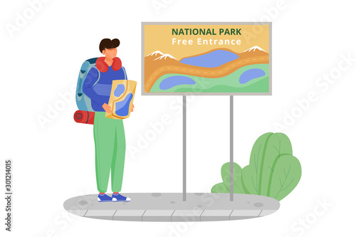Free entrance to national park flat vector illustration. Hiking activity, walking tour. Cheap travelling choice. Tourist with map. Budget tourism isolated cartoon character on white background