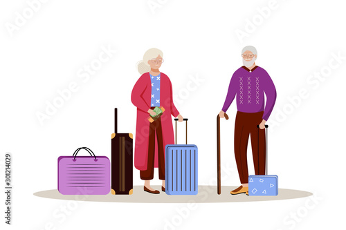 Elderly couple with luggage flat vector illustration. Getting ready for a trip. Married couple with suitcases. Going on vacation. Voyage preparation isolated cartoon character on white background