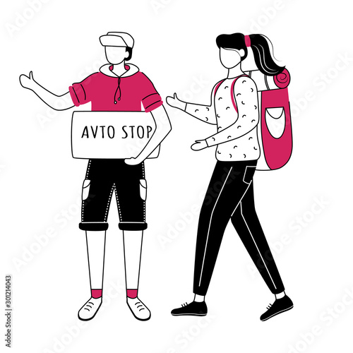 Hitchhiking flat contour vector illustration. Budget tourism. Cheap travelling ideas for students isolated cartoon outline character on white background. Waiting for car simple drawing