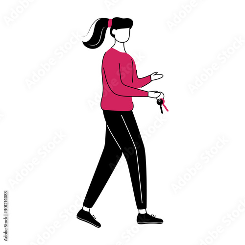Girl with keys flat contour vector illustration. Couchsurfing lodging. Keys of flat isolated cartoon outline character on white background. Renting or letting apartment. Budget tourism simple drawing