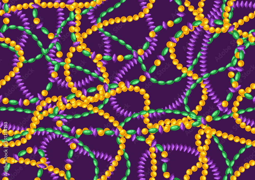 Seamless pattern with beads in Mardi Gras colors.