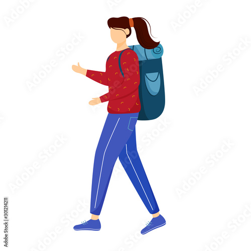 Girl tourist with backpack flat vector illustration. Camping and hiking. Budget tourism. Cheap travelling ideas for students, youth isolated cartoon outline character on white background © The img