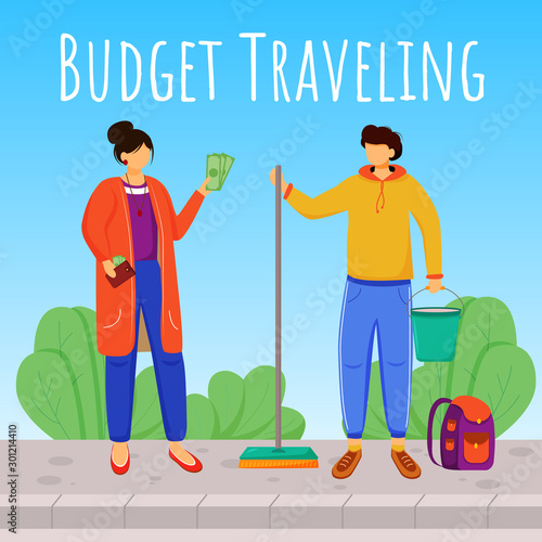 Budget travelling social media post mockup. Working as cleaner. Advertising web banner design template. Social media booster, content layout. Promotion poster, print ads with flat illustrations