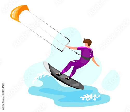 Kitesurfing flat vector illustration. Extreme sports experience. Active lifestyle. Summer vacation outdoor activities. Ocean turquoise waves. Sportsman isolated cartoon character on blue background