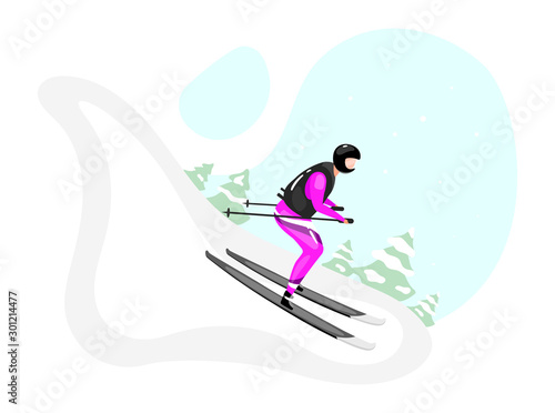 Downhill skiing flat vector illustration. Extreme winter sports. Active lifestyle. Outdoor activities on snowy mountainside. Sportsman on skis isolated cartoon character on blue background