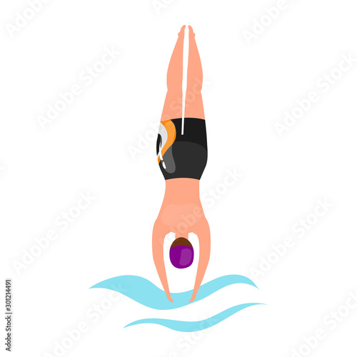 Swimming flat vector illustration. Extreme sports. Breaststroke swim style top view. Active lifestyle. Outdoor activities. Sportsman in pool water isolated cartoon character on white background