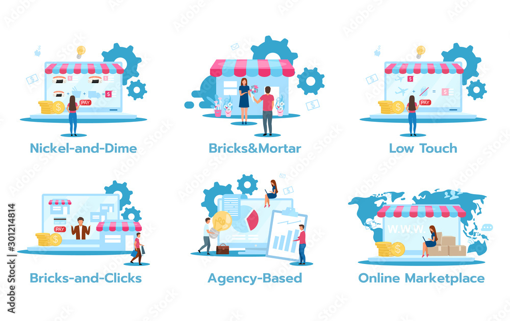 Business model flat vector illustrations set. Nickel-and-dime. Brick and mortar. Low touch. Bricks-and-clicks. Agency-based. Online marketplace. Marketing strategies. Isolated cartoon characters