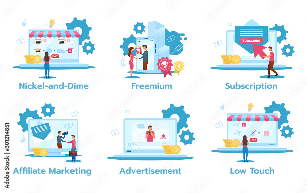 Business model flat vector illustrations set. Nickel-and-dime. Freemuim. Subscription. Affiliate marketing. Advertisement. Low touch. Trading strategies. Isolated cartoon characters