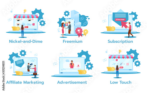 Business model flat vector illustrations set. Nickel-and-dime. Freemuim. Subscription. Affiliate marketing. Advertisement. Low touch. Trading strategies. Isolated cartoon characters