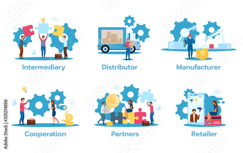 Business model flat vector illustrations set. Intermediary. Distributor. Manufacturer. Cooperation. Partners. Retailer. Trading strategies. Isolated cartoon characters