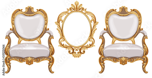 Louis XVI style chairs and mirror with golden neoclassic ornaments. Vector