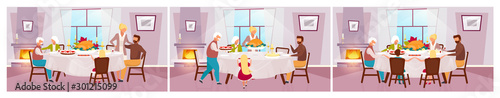 Thanksgiving day flat vector illustration set. Annual autumn holiday in United States. Grateful meal. Celebrating harvest together with grandparents. Family dinner with turkey cartoon characters