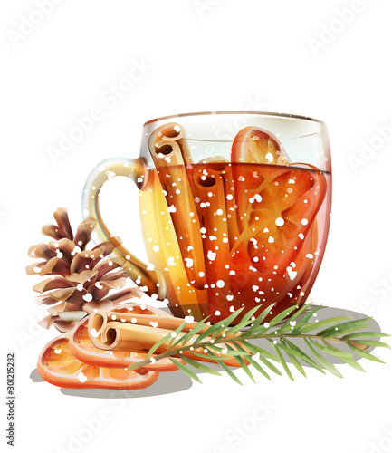 Winter cup of tea with cinnamon and orange slices. Conifer cone and fir tree leaves. Cold season beverages vector