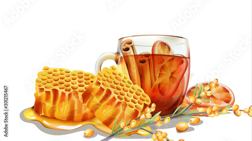 Dripping honeycomb with a cup of tea filled with cinnamon sticks and orange slices. Yellow berries on foreground