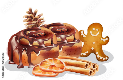 Cinnamon rolls with chocolate glaze and winter ornaments. Gingerbread cookie,...