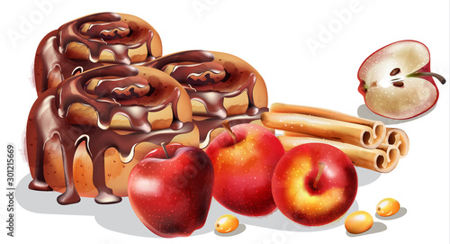 Cinnamon rolls with chocolate glaze and winter ornaments. Half apple, cinnamon sticks, orange slices, yellow. Winter food Vector