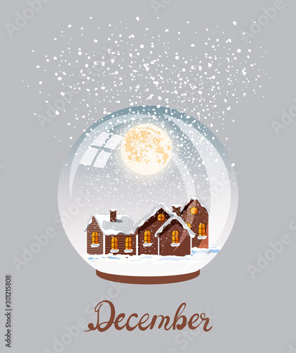 Village city covered in blizzard snow falling from top. Bright moon in the sk...