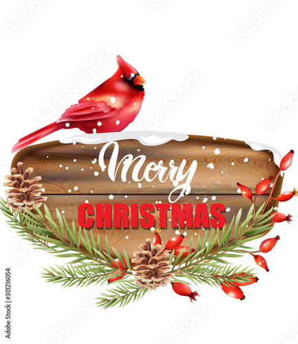 Merry Christmas written on wooden piece. Red tropical bird sitting on sign. S...