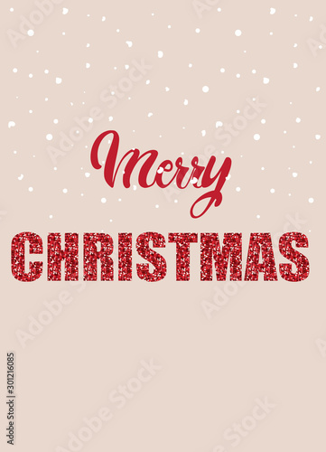 Merry christmas written with red letters and shiny text. Snow falling