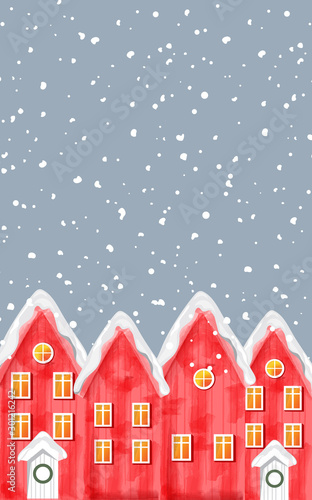 Watercolor winter red houses covered in blizzard snow. Christmas greeting car...