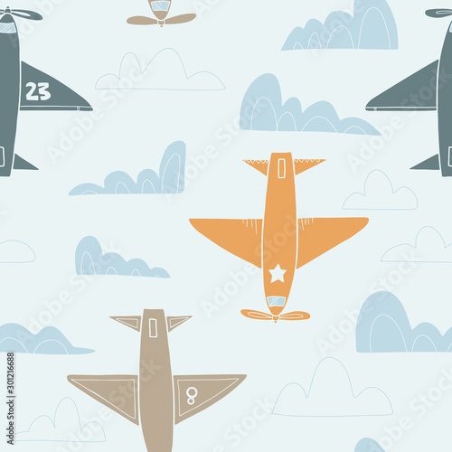 Two colors scandinavian hand drawn seamless pattern for kids cloth, textile,fabric, wallpaper, coverage, wrapping paper and other print. Vector illustartion in flat style on isolated background. 