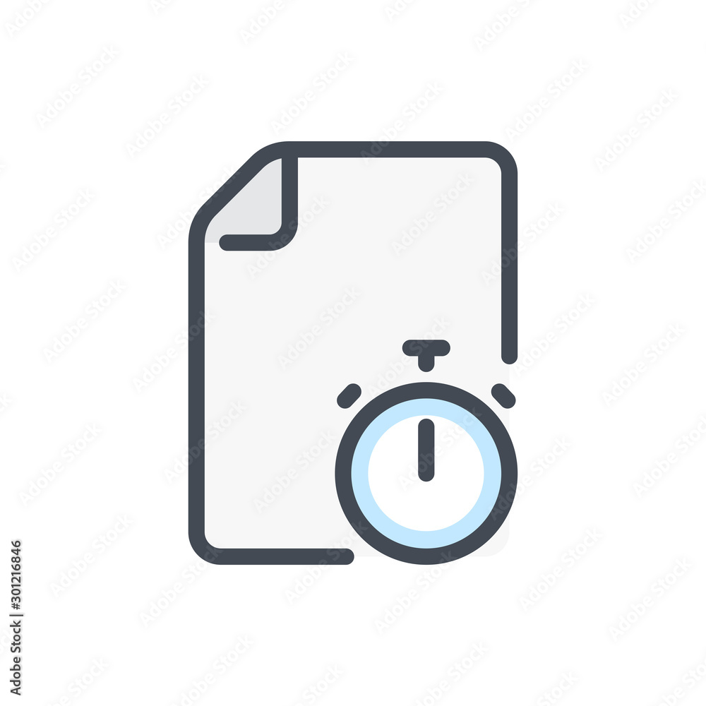 File tracking color line icon. Document with stopwatch vector outline colorful sign. File tracking color line icon. Document with stopwatch vector outline colorful sign.