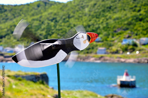 A puffin whirligig blows in the wind in St. John s  Newfoundland  Canada.
