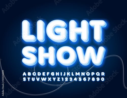 Plakat Wektor plakat Light Show ze świecącą czcionką. Podświetlane neonami litery i cyfry alfabetu