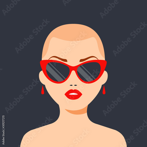 fashionable bald girl with glasses and red lips. victory over cancer. Flat character vector illustration.