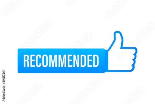 Recommend icon. White label recommended on blue background. Vector stock illustration.