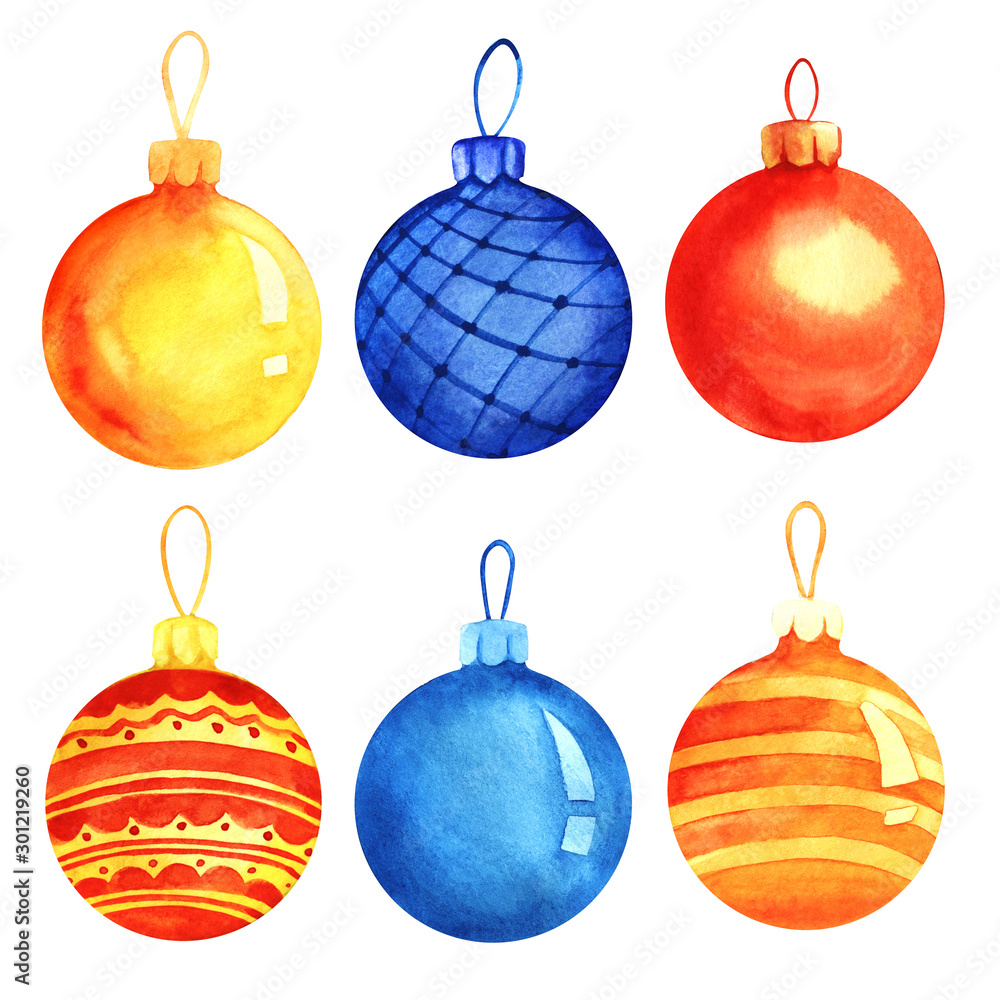 Set of six decorative elements. Christmas ball. Christmas tree toy. Yellow, blue, red-orange with glass balls ornament. Hand drawn watercolor background illustration. Isolated on white background Set of six decorative elements. Christmas ball. Christmas tree toy. Yellow, blue, red-orange with glass balls ornament. Hand drawn watercolor background illustration. Isolated on white background