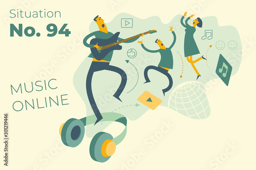 Man and woman dancing, singing, having fun. Headphones with music on the Internet. Flat illustration design for presentation, web page, landing page, infographic.
