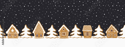 Christmas background. Gingerbread village. Seamless border. Fairytale winter landscape. There are gingerbread houses and fir trees on a dark blue background. Greeting card template. Vector