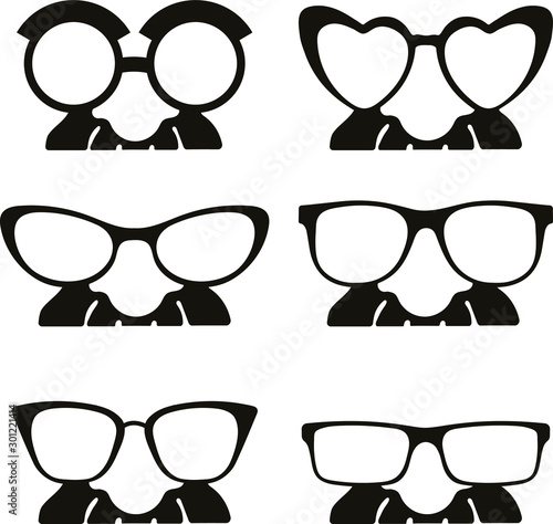 Glasses With mustache. Photo booth Props. Decor elements for cards, poster or banner. Spectacles on isolated background. Vector eyeglasses with moustache. Wedding decoration. Holiday element's.